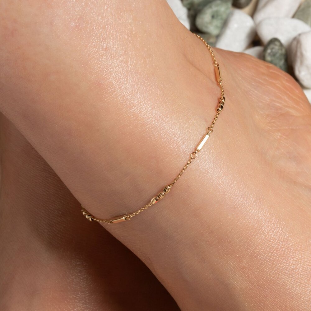 14K Solid Yellow Gold Tube Link Bar Ankle Bracelet Anklet Adjustable 9"-10"
